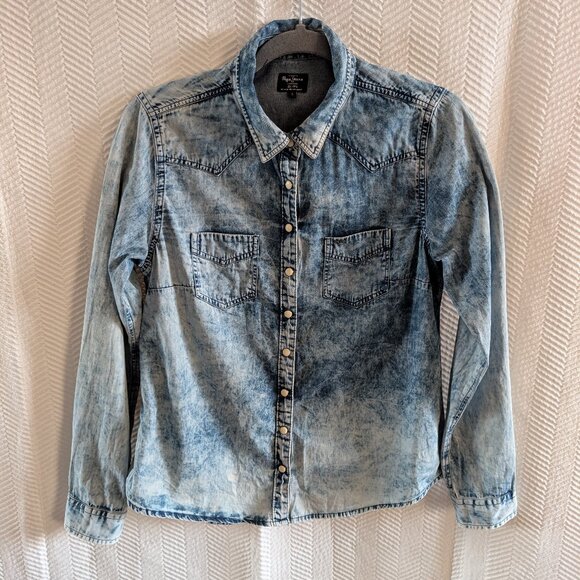 Pepe Jeans Acid Wash Button Down Shirt Pearl Button Snaps Western Retro Large - Picture 1 of 10